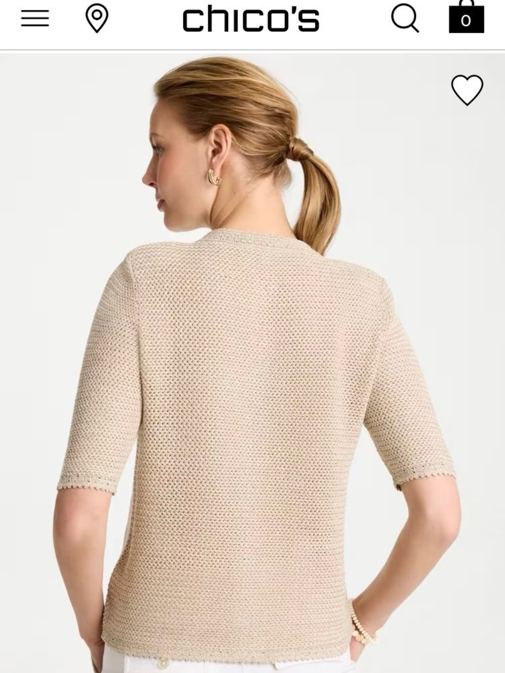 Chico’s Beige Button-Front Short Sleeve Sweater • Gold Buttons • Size 0 - Picture 2 of 9